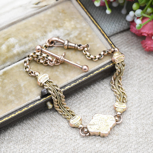 Antique Victorian 9ct Gold Albertina Chain Bracelet with Dog Clip and T-Bar - Fancy Link Rope Twist Watch Chain Hand Engraved Pretty Gift