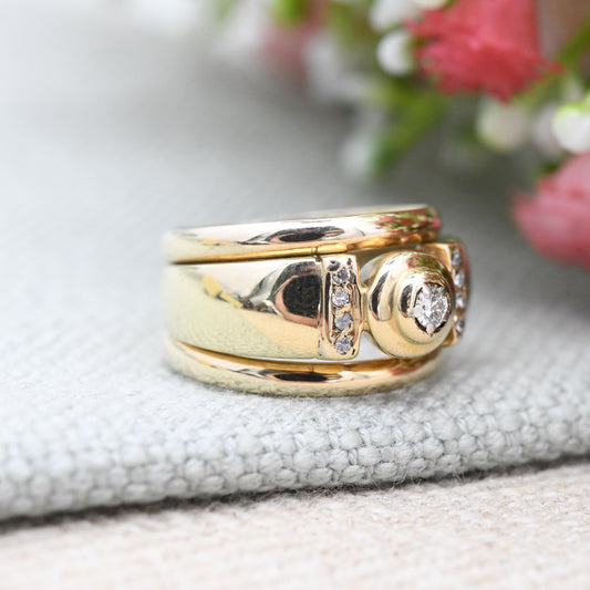 Vintage 9ct Gold Diamond Ring by Beemill Chunky Solitaire with Side Stones - Unusual Pinkie Ring Wide Band | UK Size - K | US Size - 5 1/4
