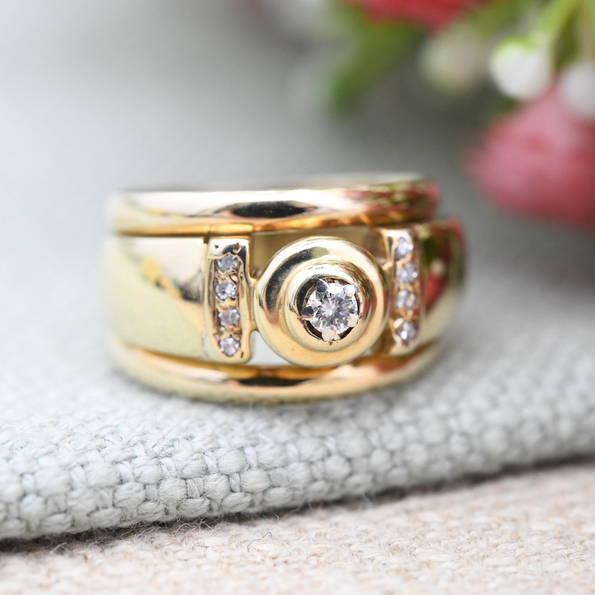 Vintage 9ct Gold Diamond Ring by Beemill Chunky Solitaire with Side Stones - Unusual Pinkie Ring Wide Band | UK Size - K | US Size - 5 1/4