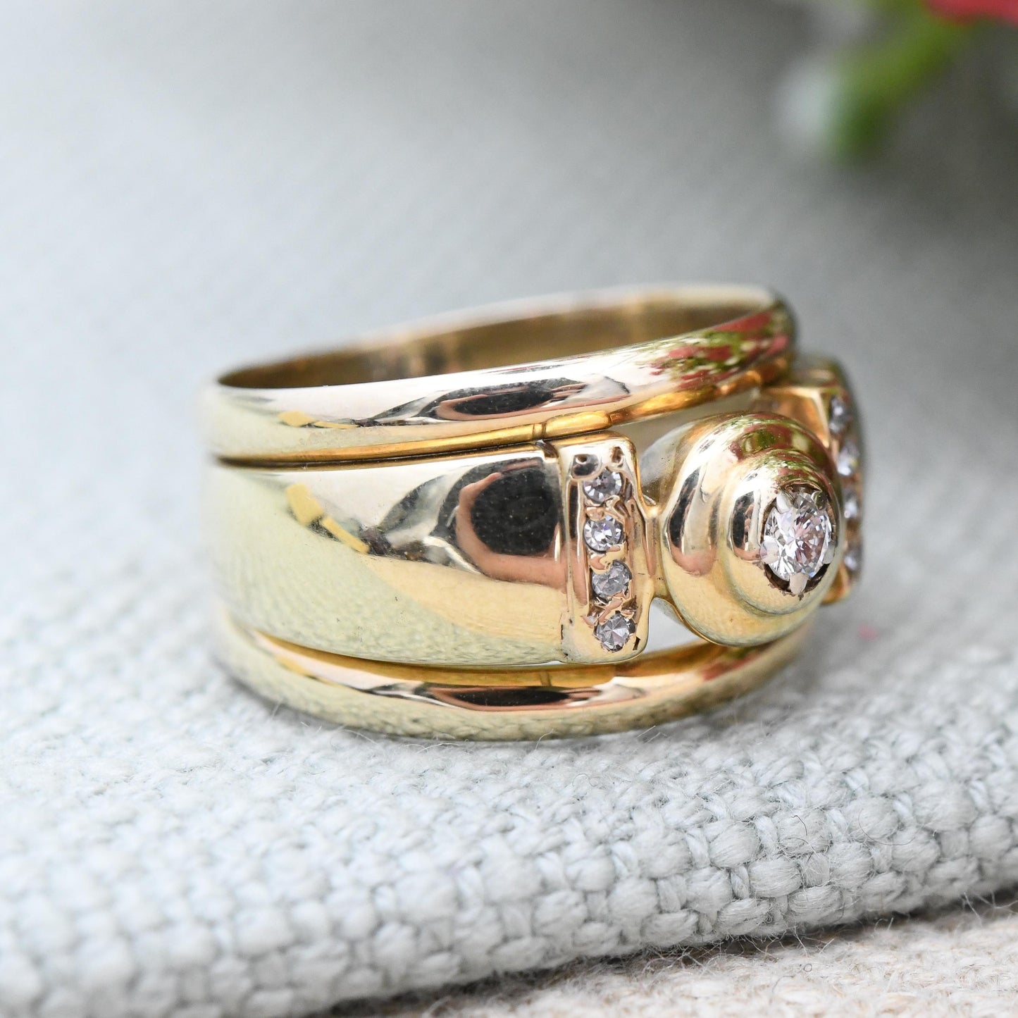 Vintage 9ct Gold Diamond Ring by Beemill Chunky Solitaire with Side Stones - Unusual Pinkie Ring Wide Band | UK Size - K | US Size - 5 1/4