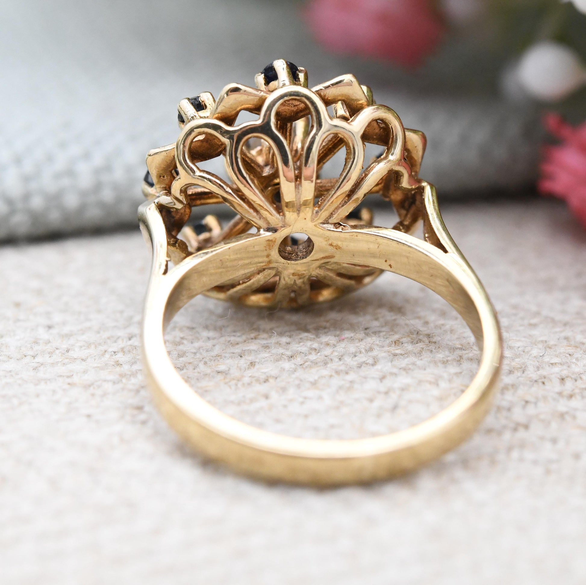 Vintage 9ct Gold Sapphire Pearl Flower Cocktail Ring 1966 Slade and Kempton S&K - White Blue Ring Gift | UK Size - K 1/2 | US Size - 5 1/2