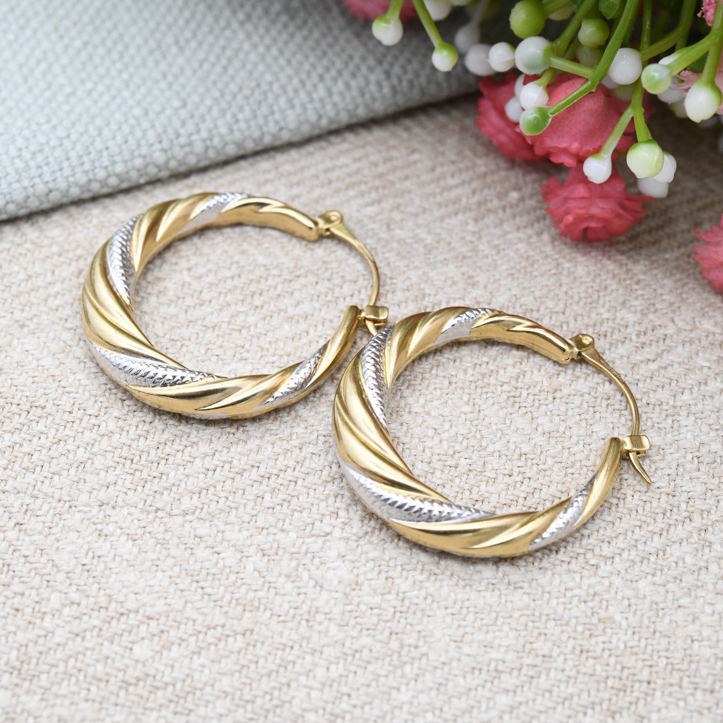 Vintage 9ct Gold Hoop Earrings Two-Tone Twist Design - Large Hollow Hoops | Yellow and White Gold | Pretty Gold Jewellery Gift for Her