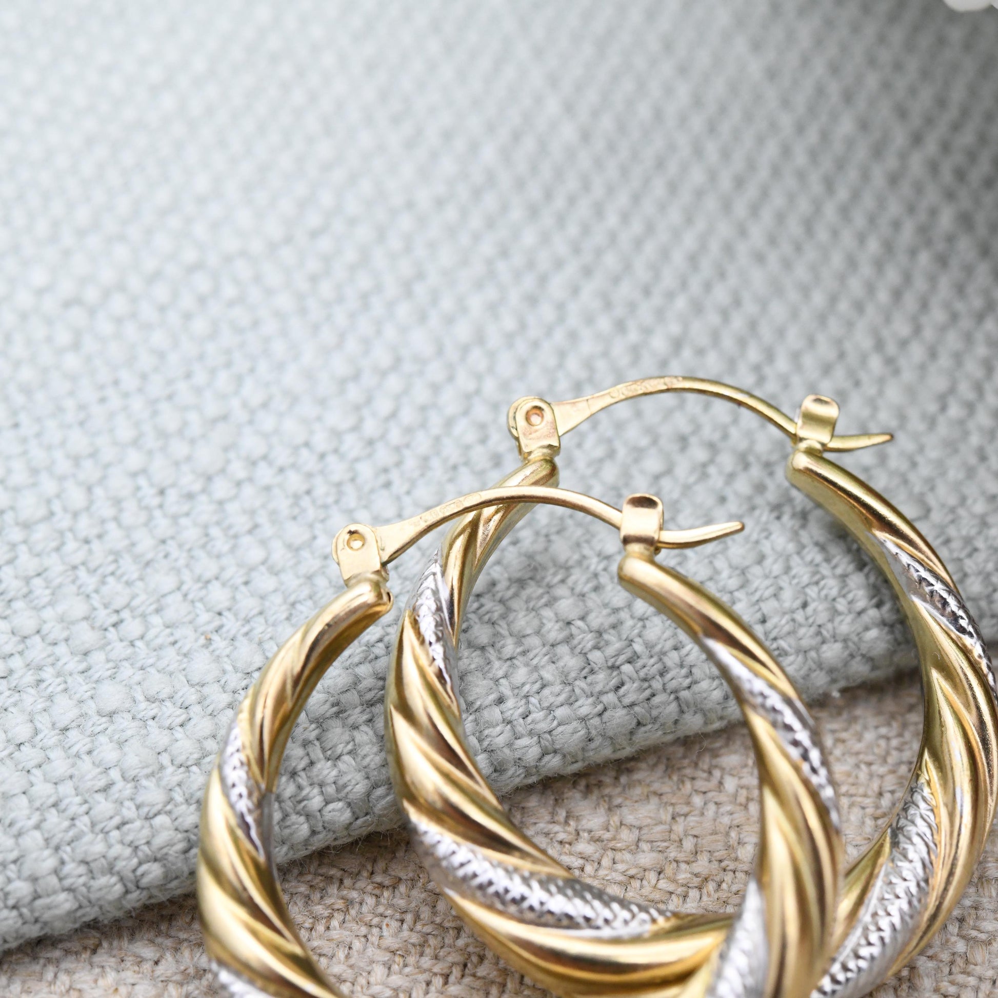 Vintage 9ct Gold Hoop Earrings Two-Tone Twist Design - Large Hollow Hoops | Yellow and White Gold | Pretty Gold Jewellery Gift for Her