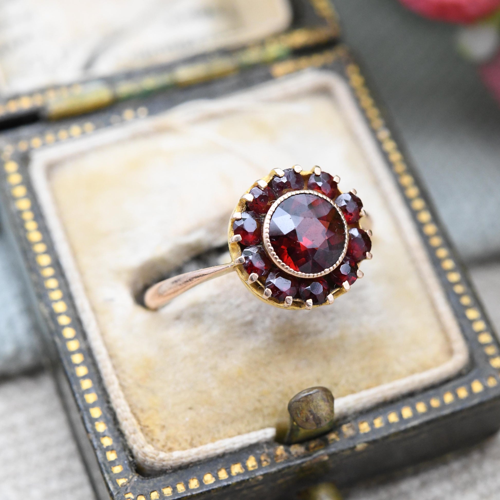 Antique 9ct Gold Garnet Cluster Ring 1925 - Art Deco Era Large Red Gemstone Halo Gift for Her Chester Hallmarks | UK Size - M | US Size - 6