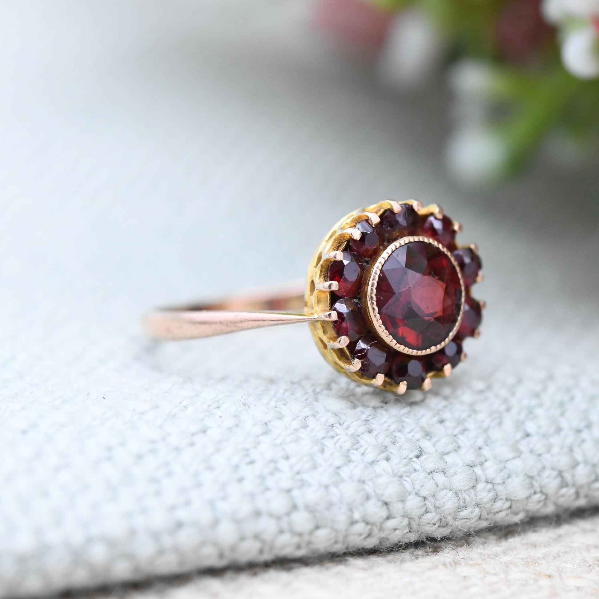Antique 9ct Gold Garnet Cluster Ring 1925 - Art Deco Era Large Red Gemstone Halo Gift for Her Chester Hallmarks | UK Size - M | US Size - 6