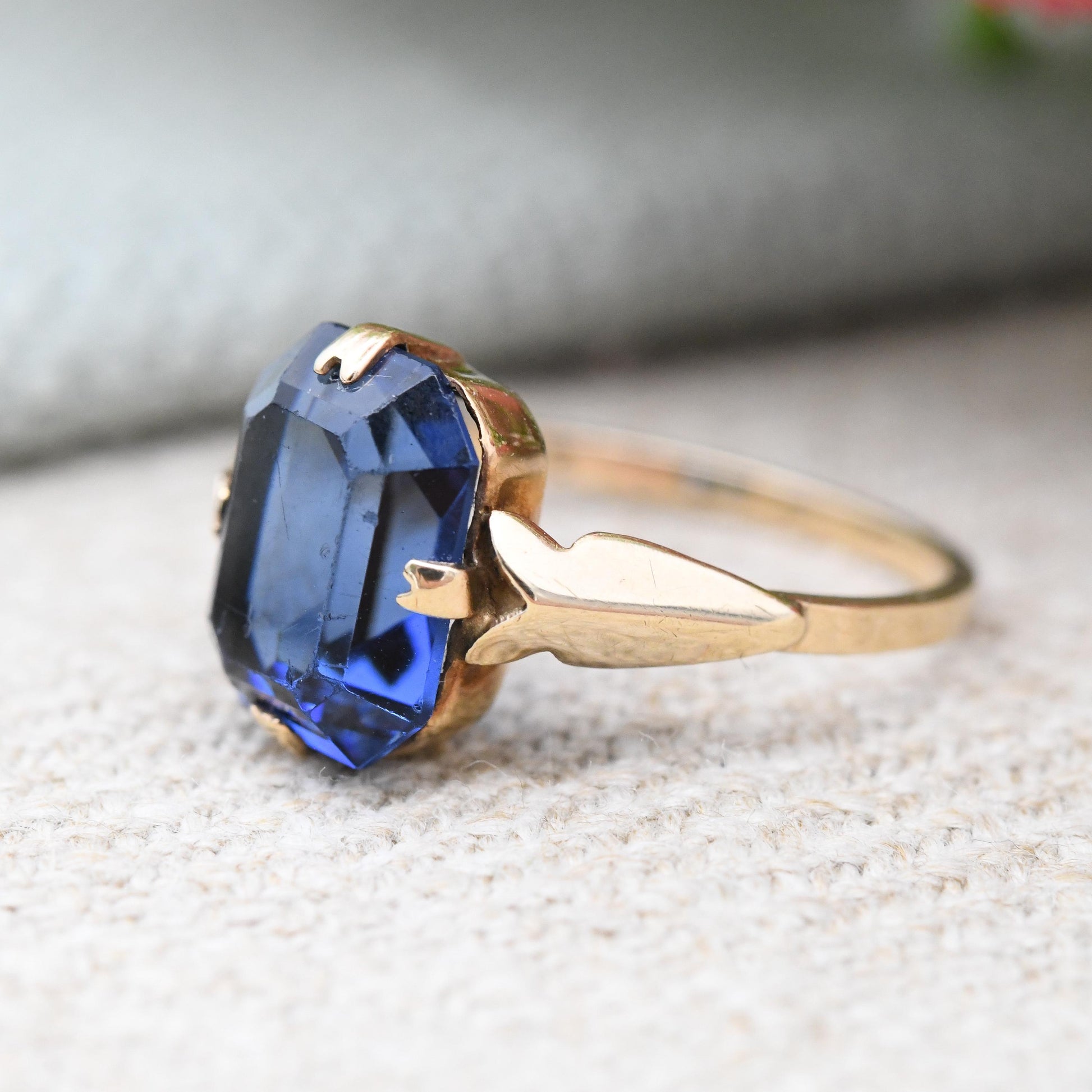 Antique Art Deco 9ct Gold Ring with Blue Paste Stone - Large Rectangle Deep Blue Glass Stone Pretty Gift | UK Size - K | US Size - 5 1/4