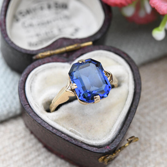 Antique Art Deco 9ct Gold Ring with Blue Paste Stone - Large Rectangle Deep Blue Glass Stone Pretty Gift | UK Size - K | US Size - 5 1/4