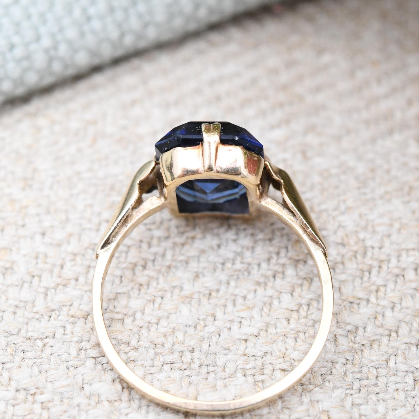 Antique Art Deco 9ct Gold Ring with Blue Paste Stone - Large Rectangle Deep Blue Glass Stone Pretty Gift | UK Size - K | US Size - 5 1/4