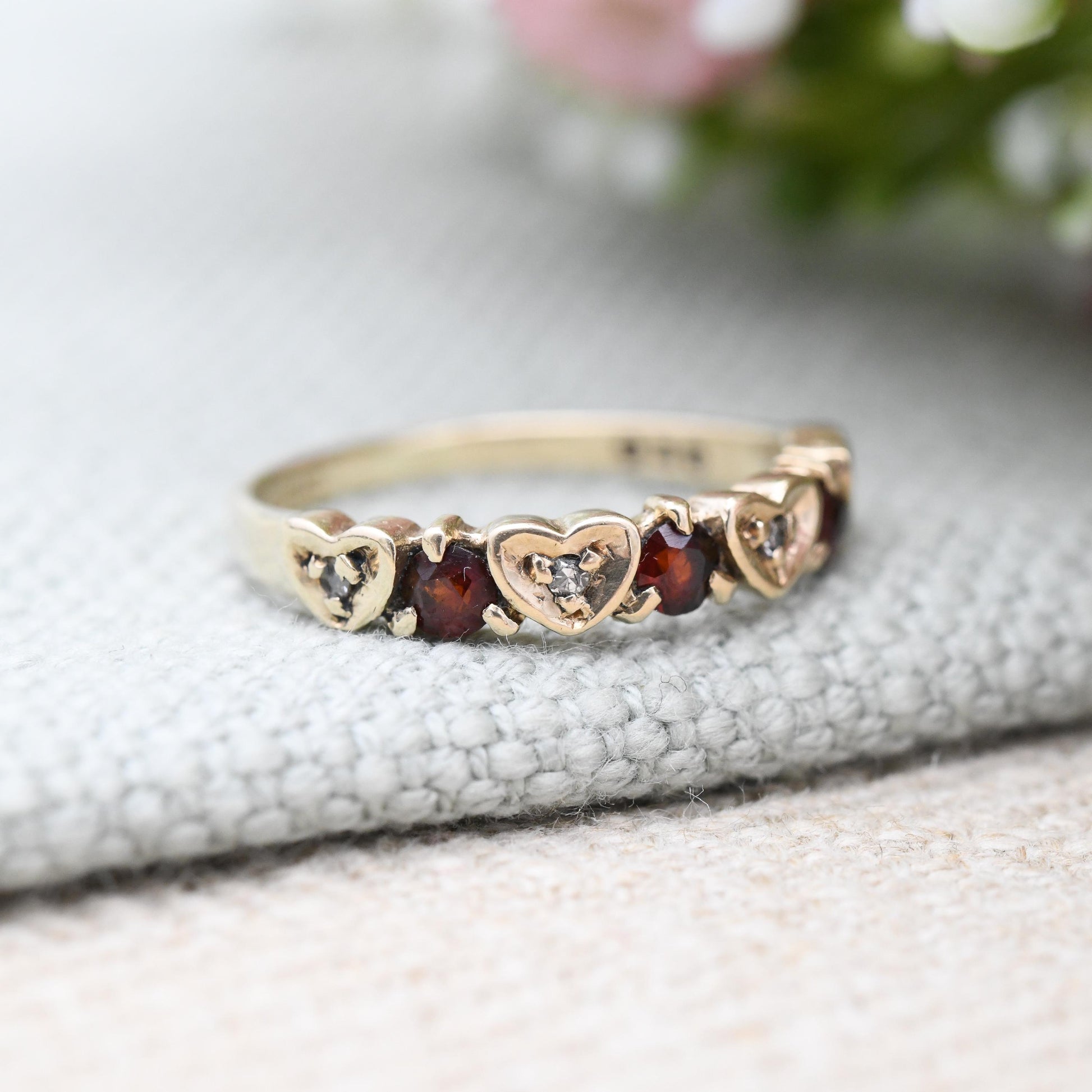 Vintage 9ct Gold Garnet Diamond Half Eternity Heart Band Ring 1981 - Mid-Century Love Heart Stacker Ring | UK Size - L | US Size - 5 3/4