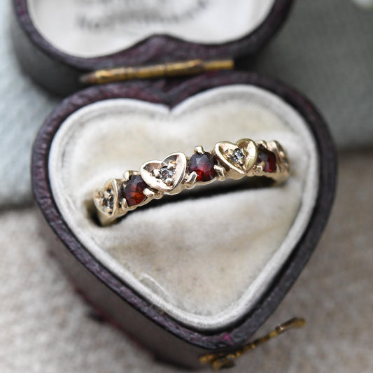 Vintage 9ct Gold Garnet Diamond Half Eternity Heart Band Ring 1981 - Mid-Century Love Heart Stacker Ring | UK Size - L | US Size - 5 3/4
