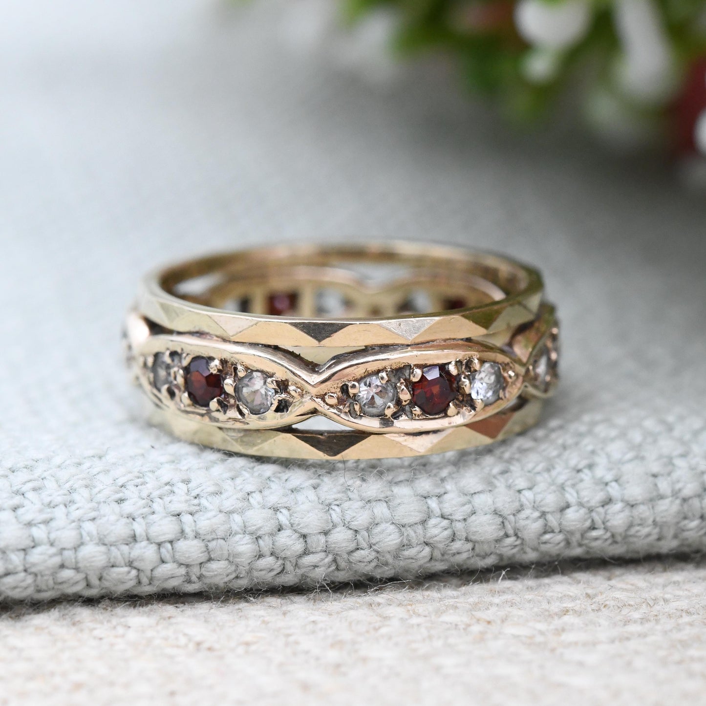 Vintage 9ct Gold Garnet and Clear Stone Eternity Band Ring 1963 - Pretty Wide Band Stacking Ring Mid-Century | UK Size - M | US Size - 6 1/4