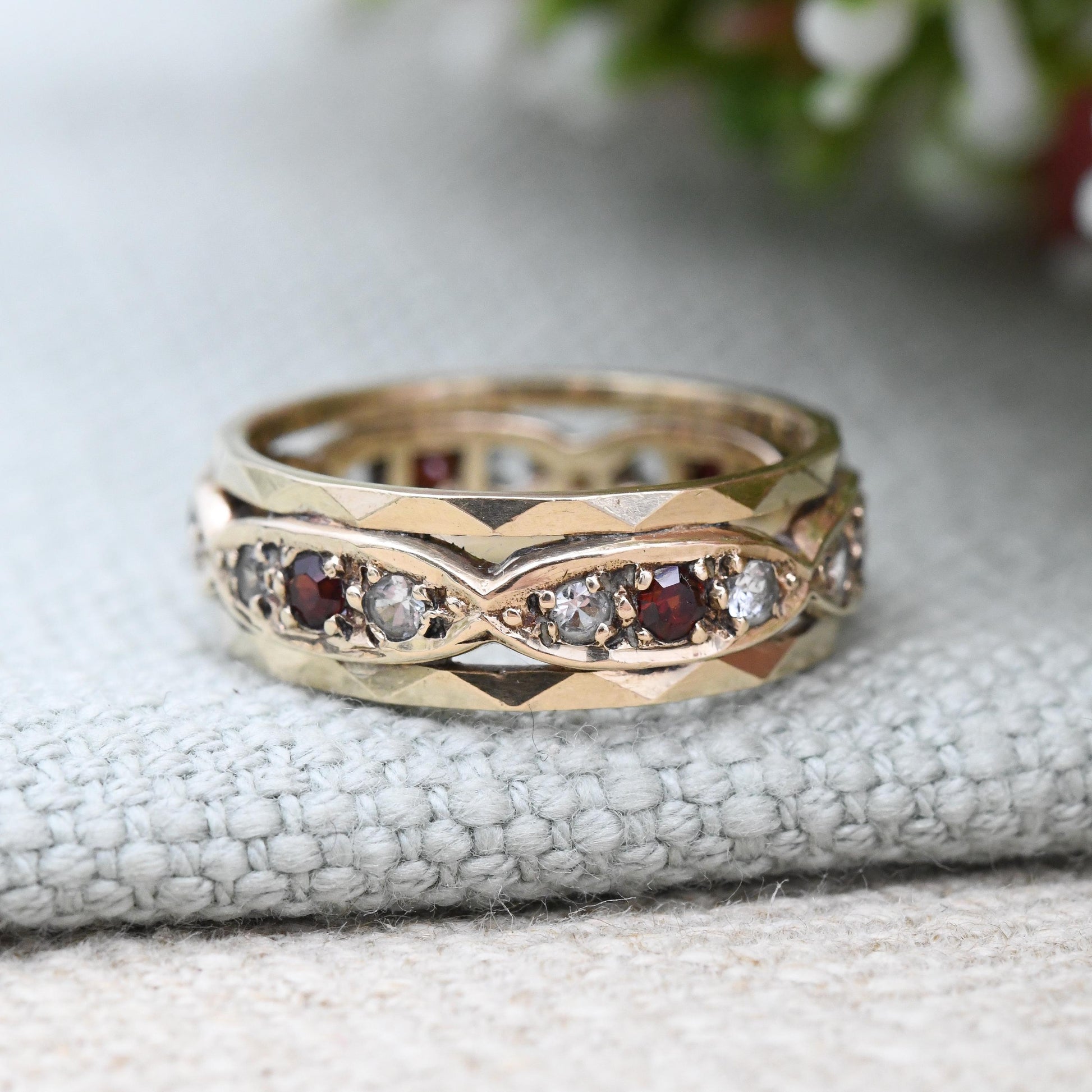 Vintage 9ct Gold Garnet and Clear Stone Eternity Band Ring 1963 - Pretty Wide Band Stacking Ring Mid-Century | UK Size - M | US Size - 6 1/4
