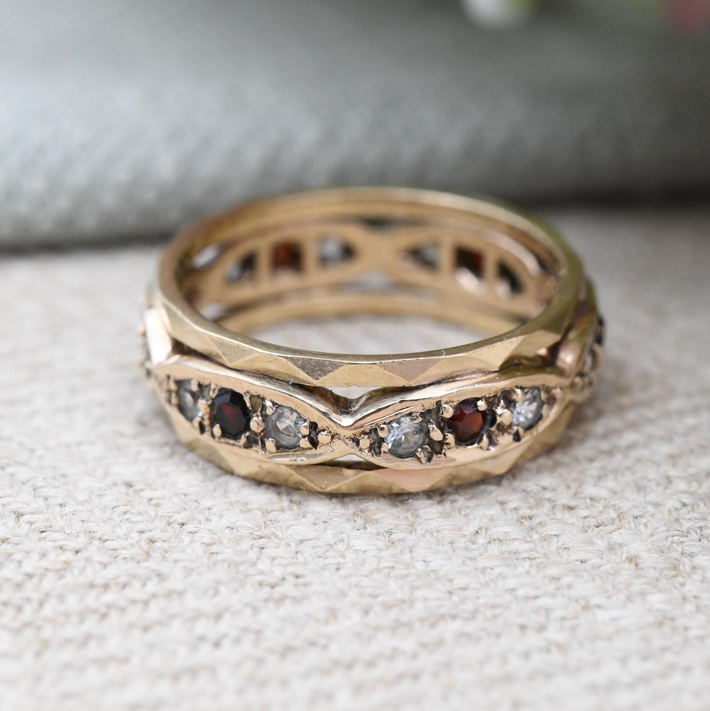Vintage 9ct Gold Garnet and Clear Stone Eternity Band Ring 1963 - Pretty Wide Band Stacking Ring Mid-Century | UK Size - M | US Size - 6 1/4
