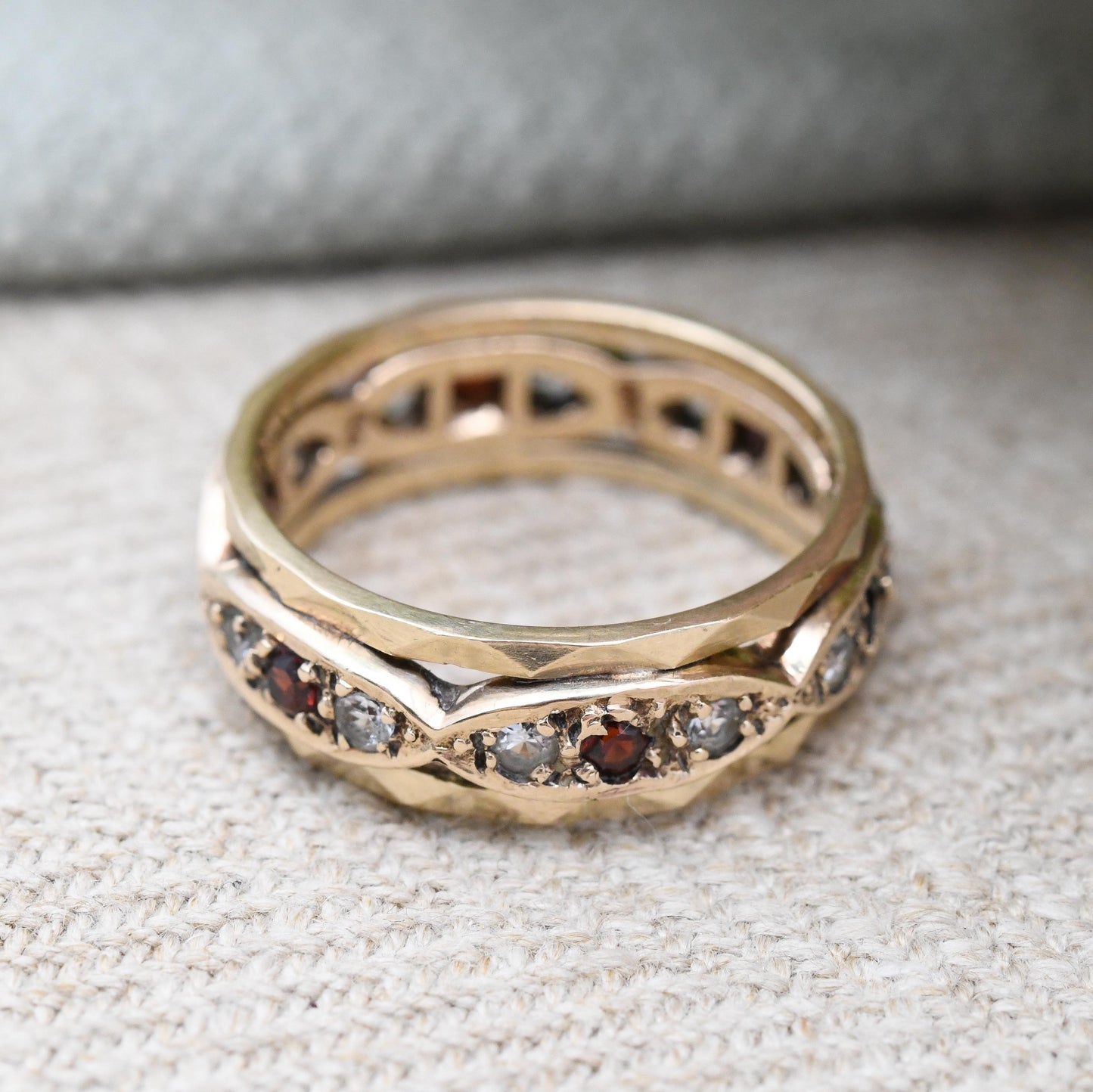 Vintage 9ct Gold Garnet and Clear Stone Eternity Band Ring 1963 - Pretty Wide Band Stacking Ring Mid-Century | UK Size - M | US Size - 6 1/4