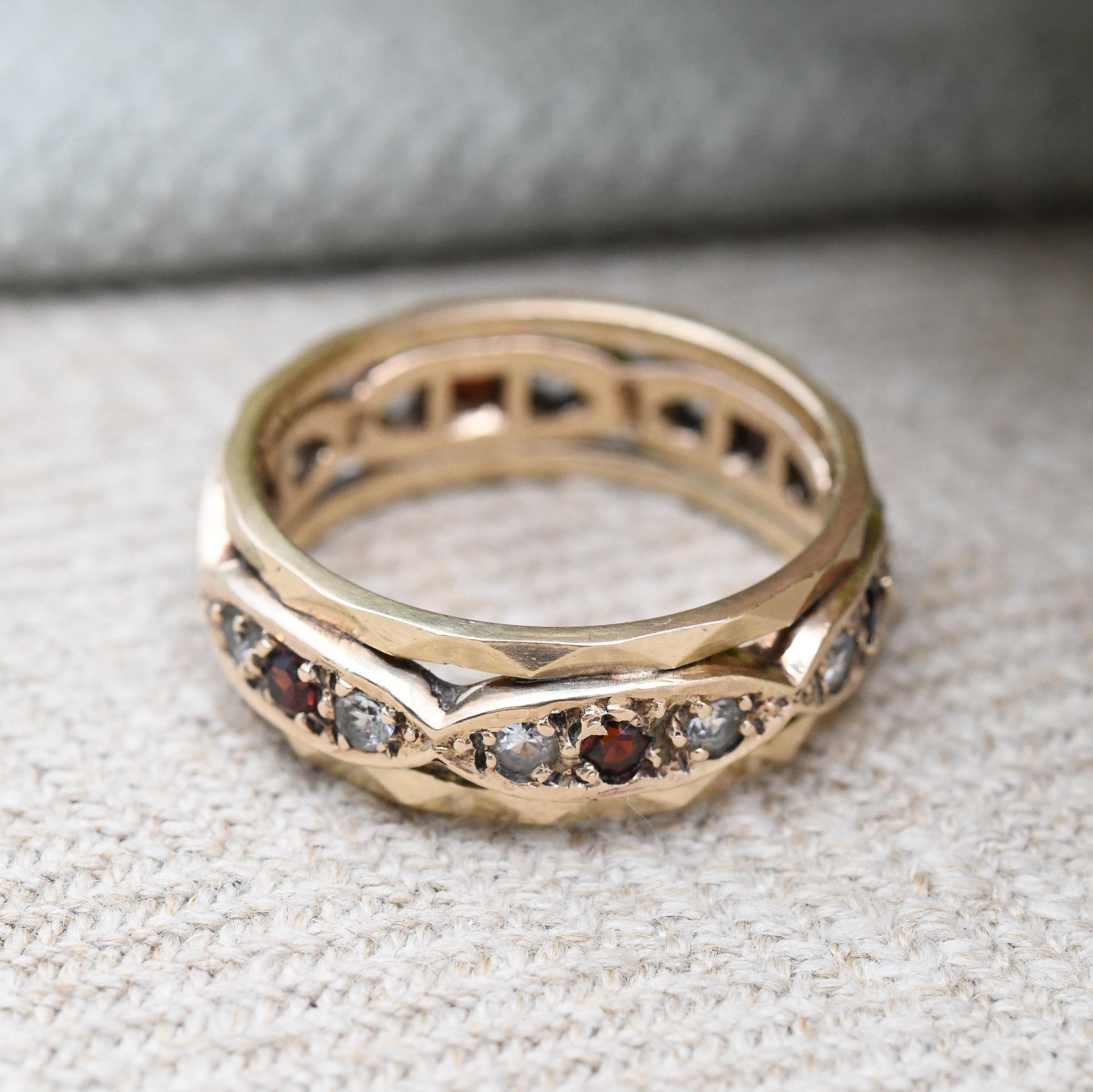 Vintage 9ct Gold Garnet and Clear Stone Eternity Band Ring 1963 - Pretty Wide Band Stacking Ring Mid-Century | UK Size - M | US Size - 6 1/4