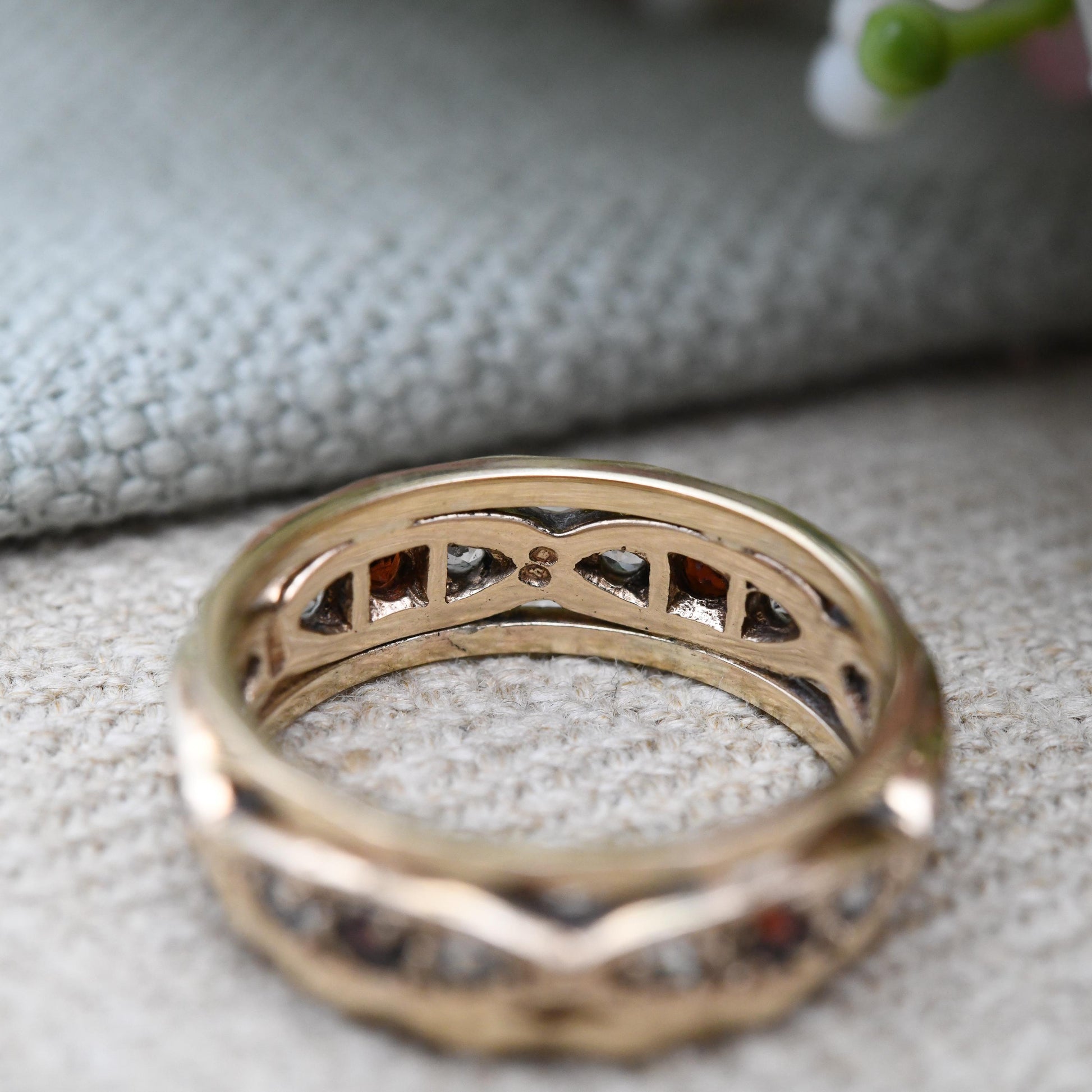 Vintage 9ct Gold Garnet and Clear Stone Eternity Band Ring 1963 - Pretty Wide Band Stacking Ring Mid-Century | UK Size - M | US Size - 6 1/4