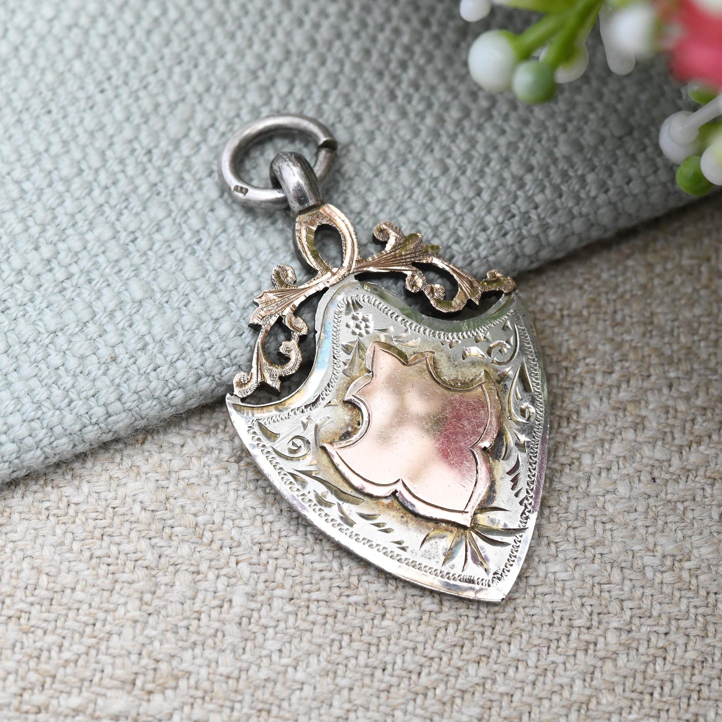 Antique Sterling Silver Watch Fob Pendant 1918 by William Hair Haseler - with Rose Gold Plated Shield Front | Ornate Scrolling Engraving