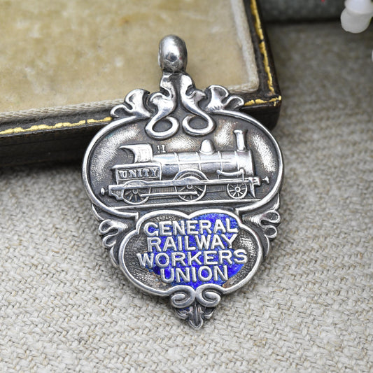 Vintage Sterling Silver Central Railway Workers Union Watch Fob Pendant 1911 George Tutill - Train Unity Steam Engine Enamel RMT Medallion