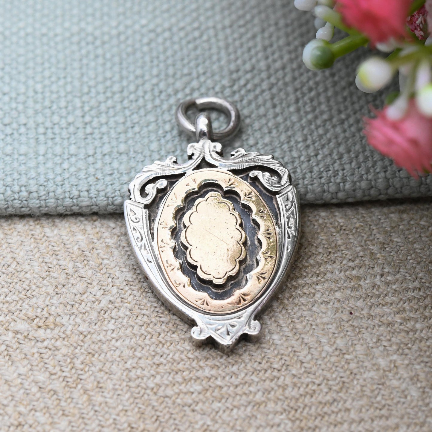 Antique Sterling Silver Watch Fob Pendant 1918 by William Hair Haseler WHH - with Gold Fronted Plaque | Ornate Engraving Picture Frame Style