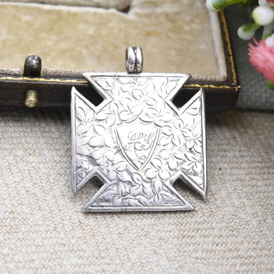 Antique Sterling Silver Watch Fob Pendant Engraved with Ivy Leaves 1887 - Victorian Square Cross Solid Silver Jewellery Floral Gift Shield