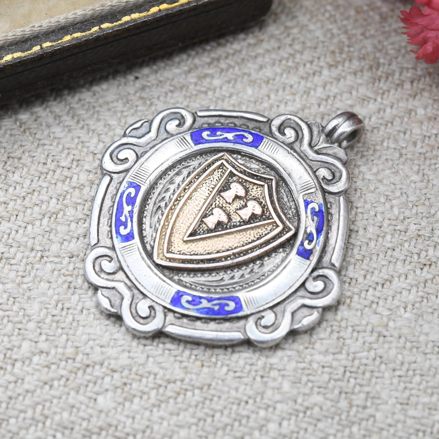 Vintage Sterling Silver Watch Fob Pendant 1931 by Charles Usher Manufacturing CU - with Rose Gold Plated Chester Shield Front Blue Enamel