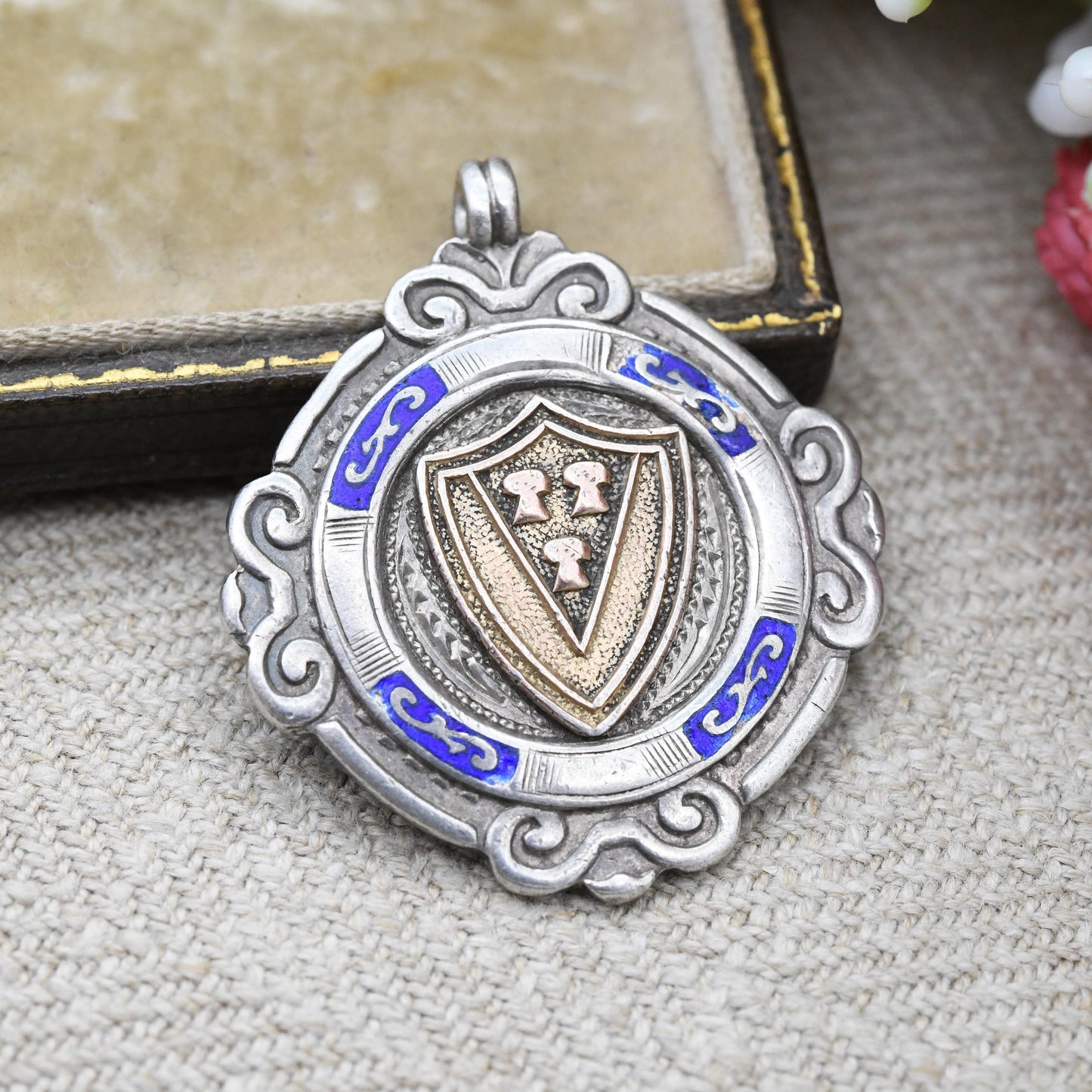 Vintage Sterling Silver Watch Fob Pendant 1931 by Charles Usher Manufacturing CU - with Rose Gold Plated Chester Shield Front Blue Enamel