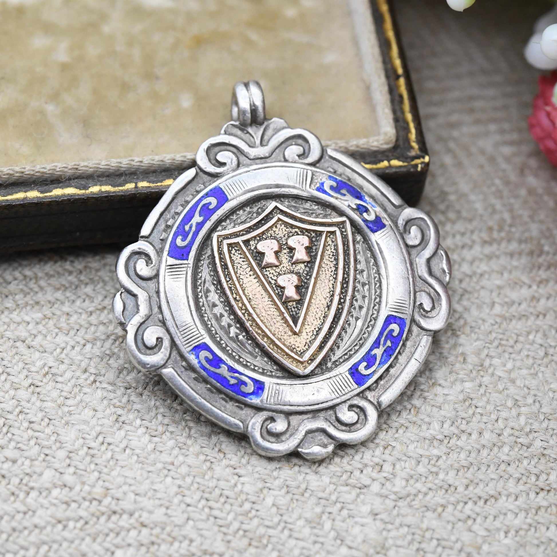 Vintage Sterling Silver Watch Fob Pendant 1931 by Charles Usher Manufacturing CU - with Rose Gold Plated Chester Shield Front Blue Enamel