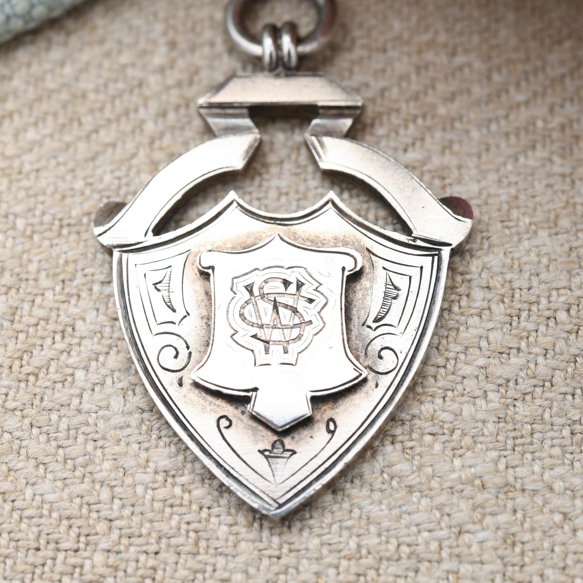 Antique Sterling Silver Watch Fob Pendant 1895 by Vaughton and Sons V&S - Engraved Shield Chunky Victorian Medal Pendant Solid | Drinkwater