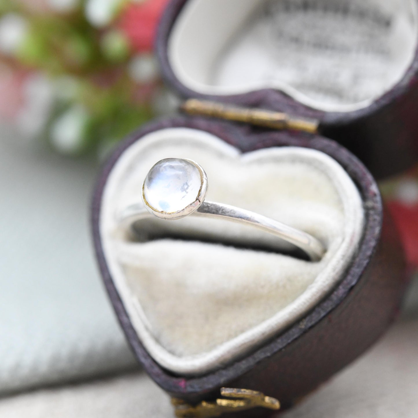 Vintage Sterling Silver Moonstone Ring 1975 - Minimal Raised Design Cabochon Gemstone Mid-Century Modern | UK Size - N | US Size - 6 3/4