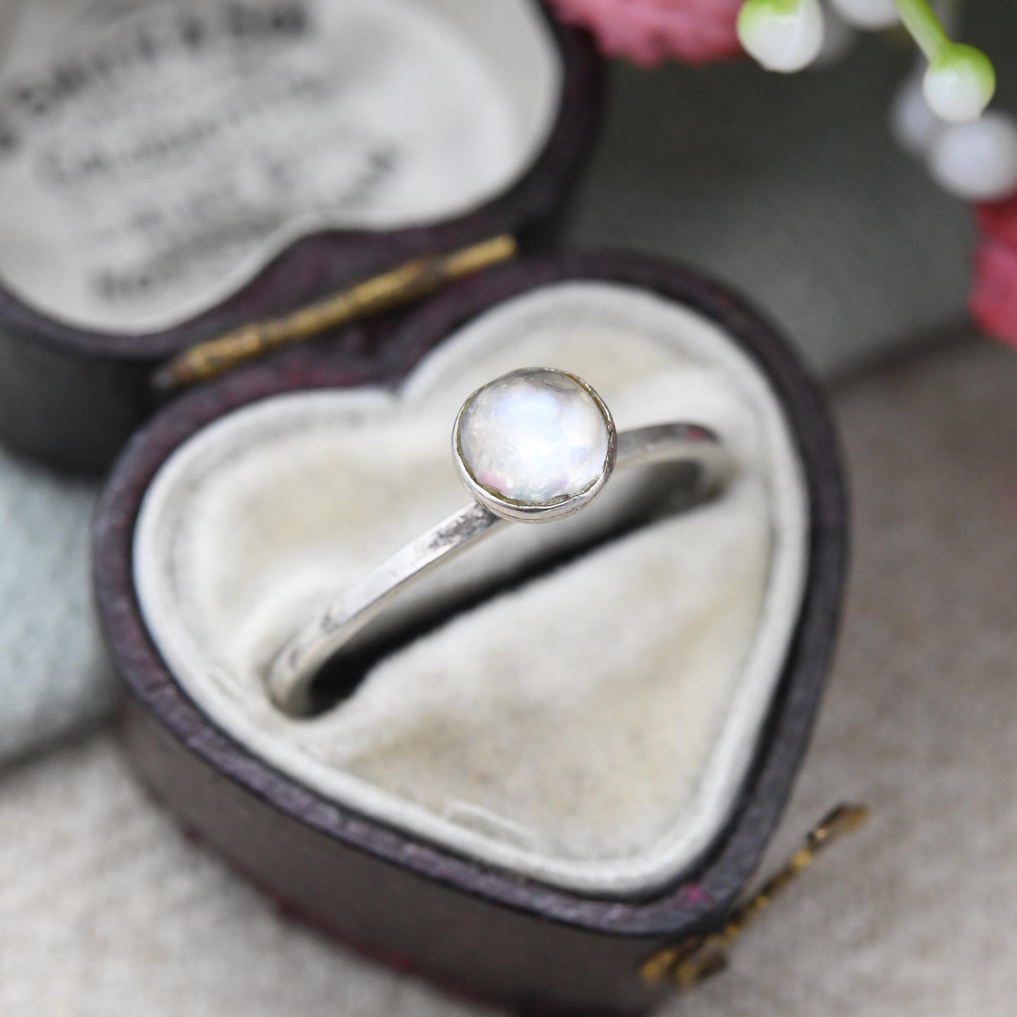 Vintage Sterling Silver Moonstone Ring 1975 - Minimal Raised Design Cabochon Gemstone Mid-Century Modern | UK Size - N | US Size - 6 3/4