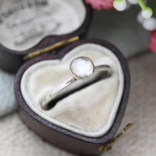 Vintage Sterling Silver Moonstone Ring 1975 - Minimal Raised Design Cabochon Gemstone Mid-Century Modern | UK Size - N | US Size - 6 3/4