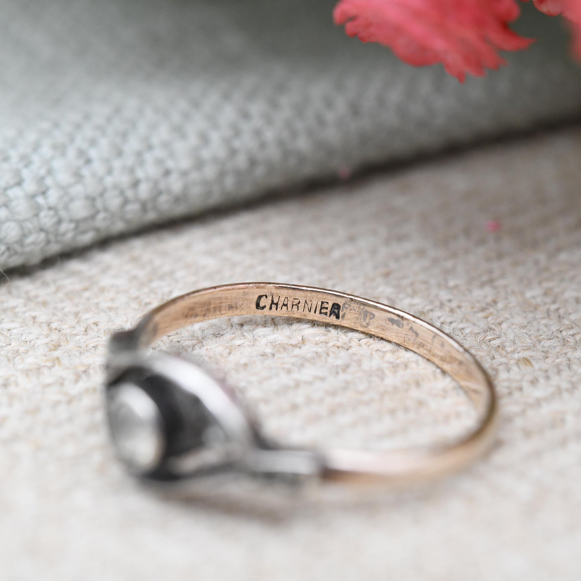 Antique Astron Charnier Rolled Gold Ring with Clear Paste - French Jewellery Designer Pretty Twist Ring Gift | UK Size - N | US Size - 6 3/4