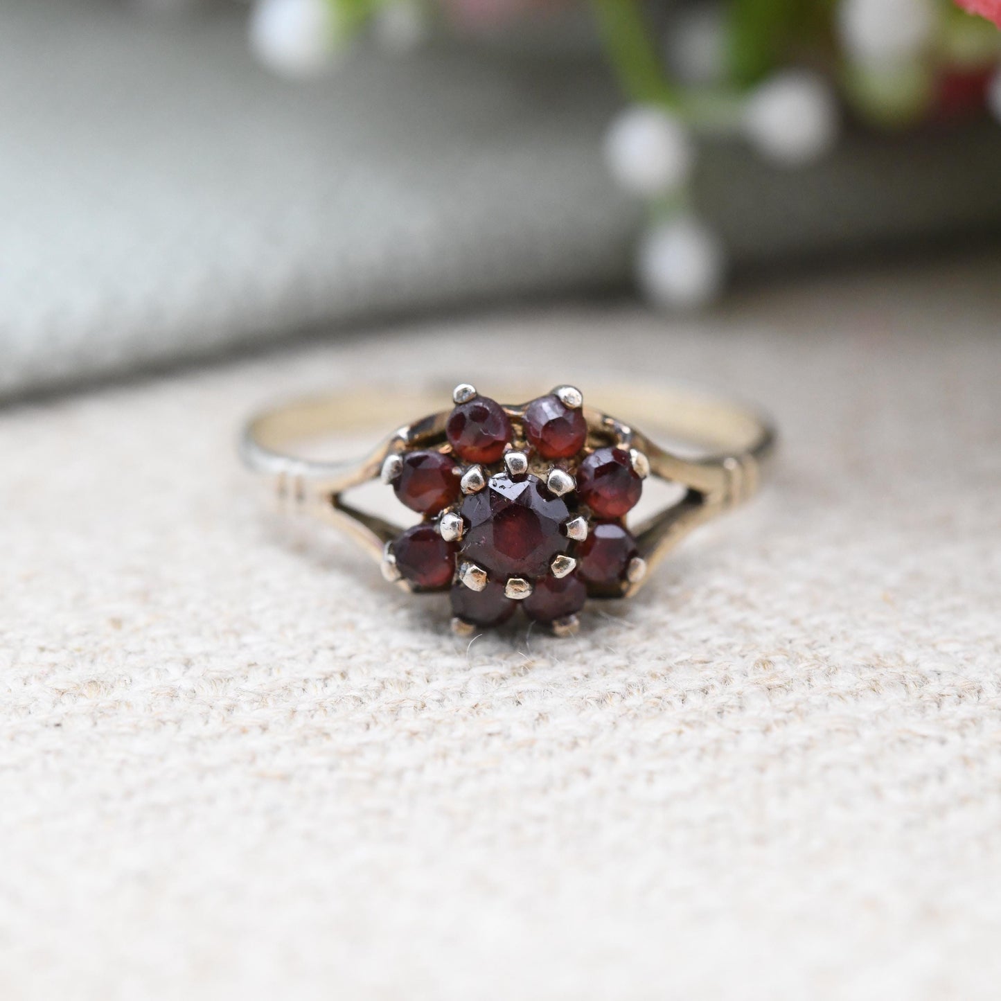 Vintage Sterling Silver Garnet Cluster Flower Ring - Pretty Mid-Century Statement Red Gemstone Cocktail Ring | UK Size - P 1/2 | US Size - 8