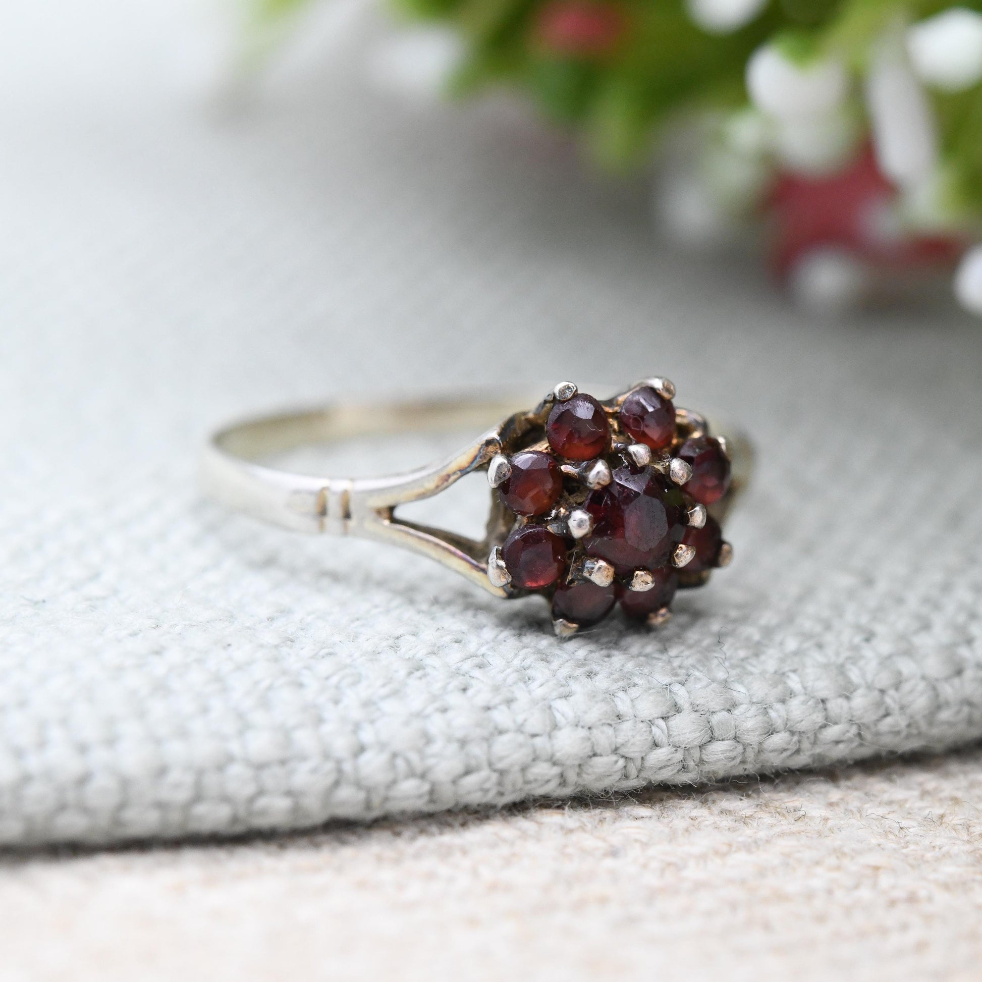 Vintage Sterling Silver Garnet Cluster Flower Ring - Pretty Mid-Century Statement Red Gemstone Cocktail Ring | UK Size - P 1/2 | US Size - 8