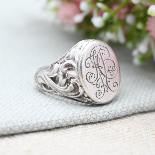 Vintage German Silver Signet Ring Engraved Monogram by C Bade Celle - Large Statement Ring Antique Style | UK Size - V 1/2 US Size - 10 3/4