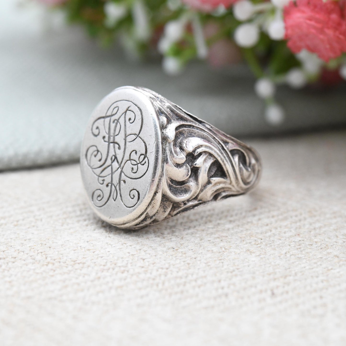 Vintage German Silver Signet Ring Engraved Monogram by C Bade Celle - Large Statement Ring Antique Style | UK Size - V 1/2 US Size - 10 3/4