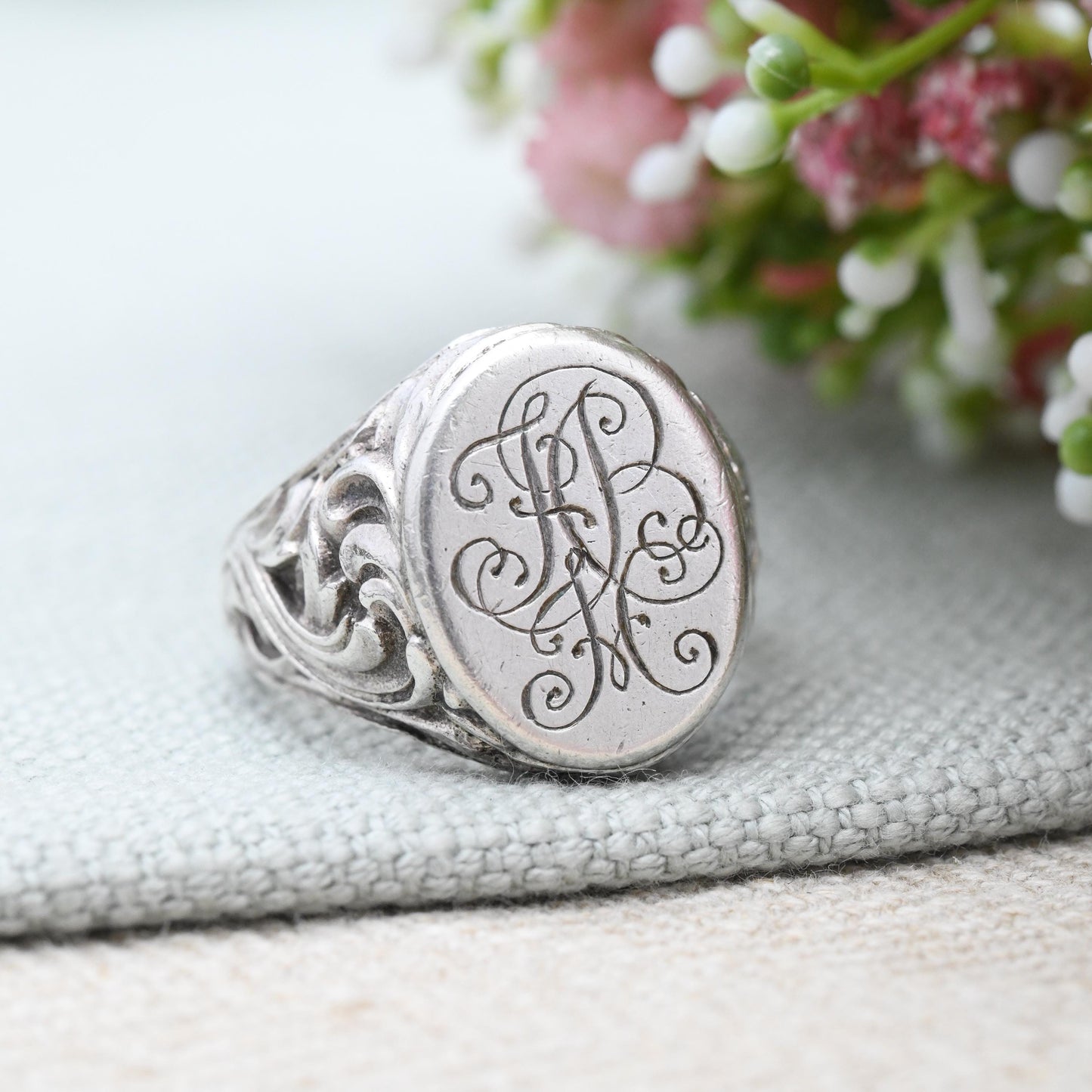 Vintage German Silver Signet Ring Engraved Monogram by C Bade Celle - Large Statement Ring Antique Style | UK Size - V 1/2 US Size - 10 3/4