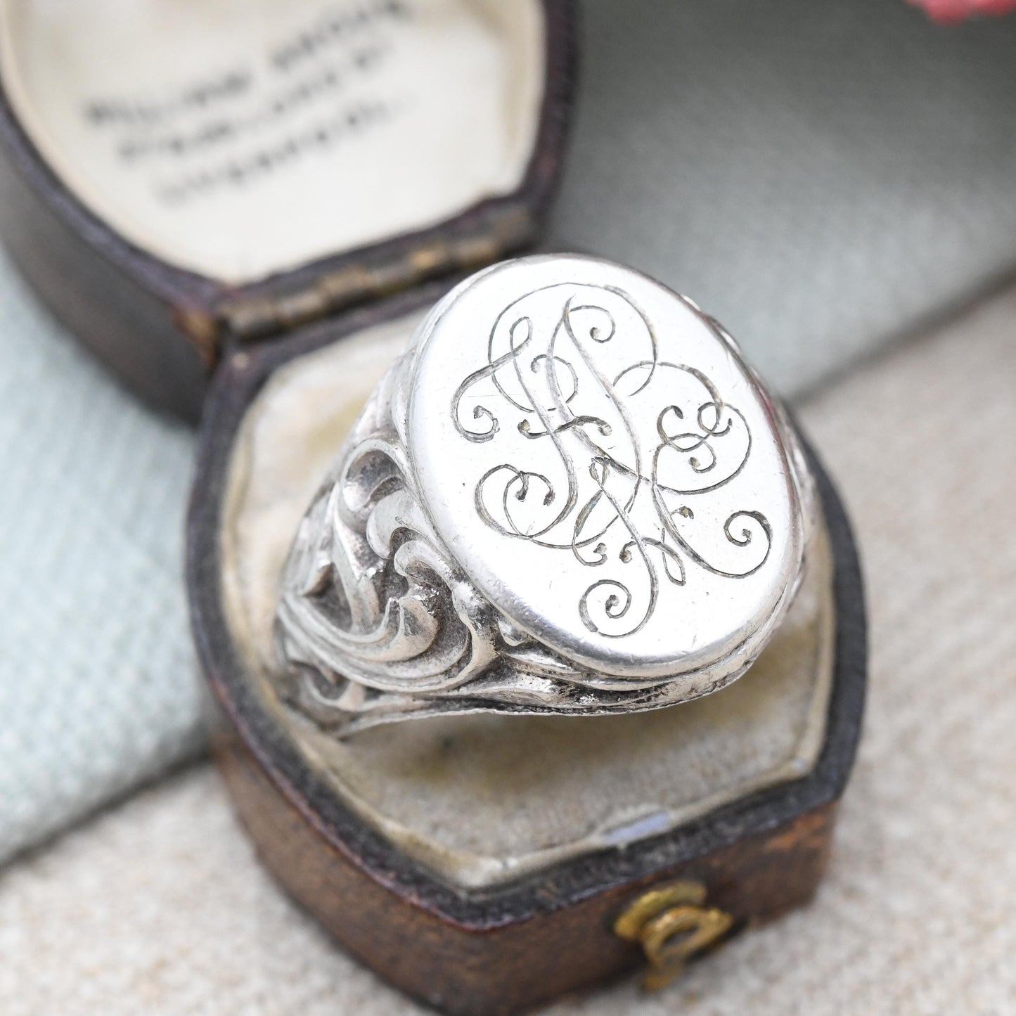 Vintage German Silver Signet Ring Engraved Monogram by C Bade Celle - Large Statement Ring Antique Style | UK Size - V 1/2 US Size - 10 3/4