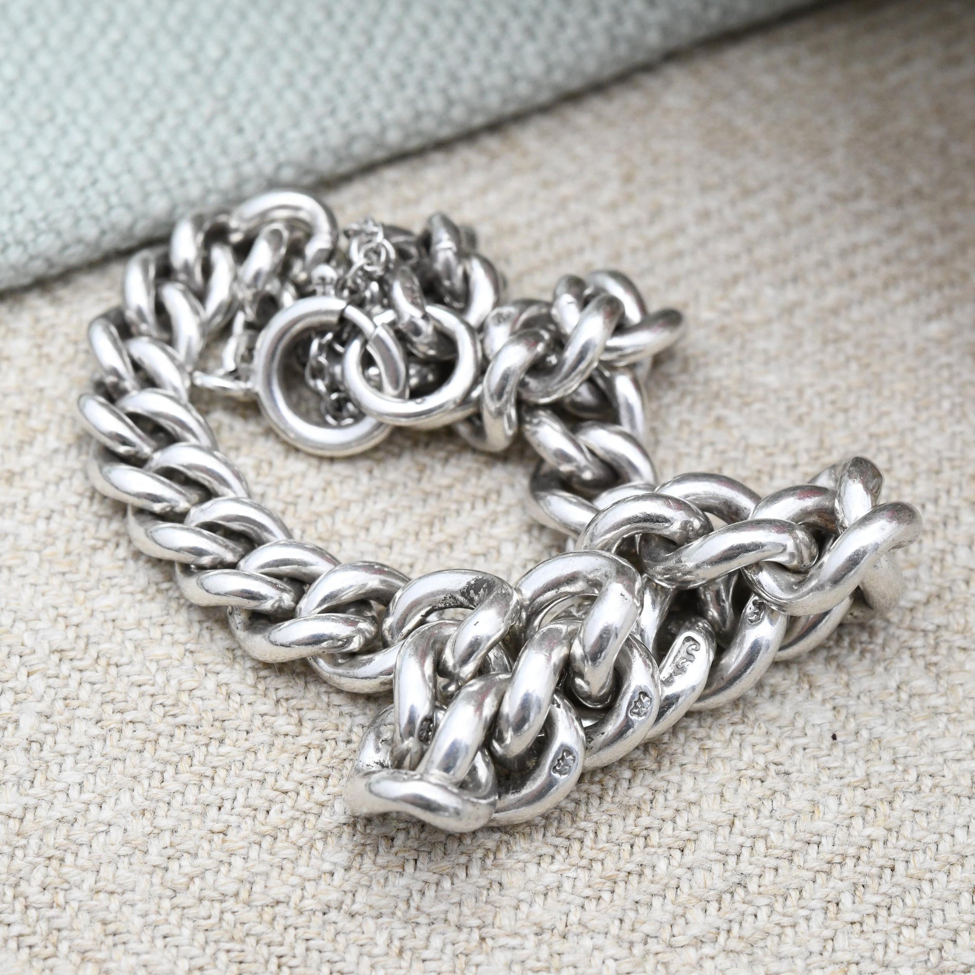 Antique Victorian Sterling Silver Chain Bracelet 1895 by Joseph Sewill - Graduated Rounded Curb Stamp to Every Link | Empty Charm Bracelet