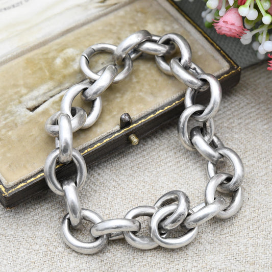 Antique Victorian Silver Cable Link Bracelet - Large Chunky Chain Bracelet Hollow Silver Oversized Spring Ring Clasp | Length 22.5cm