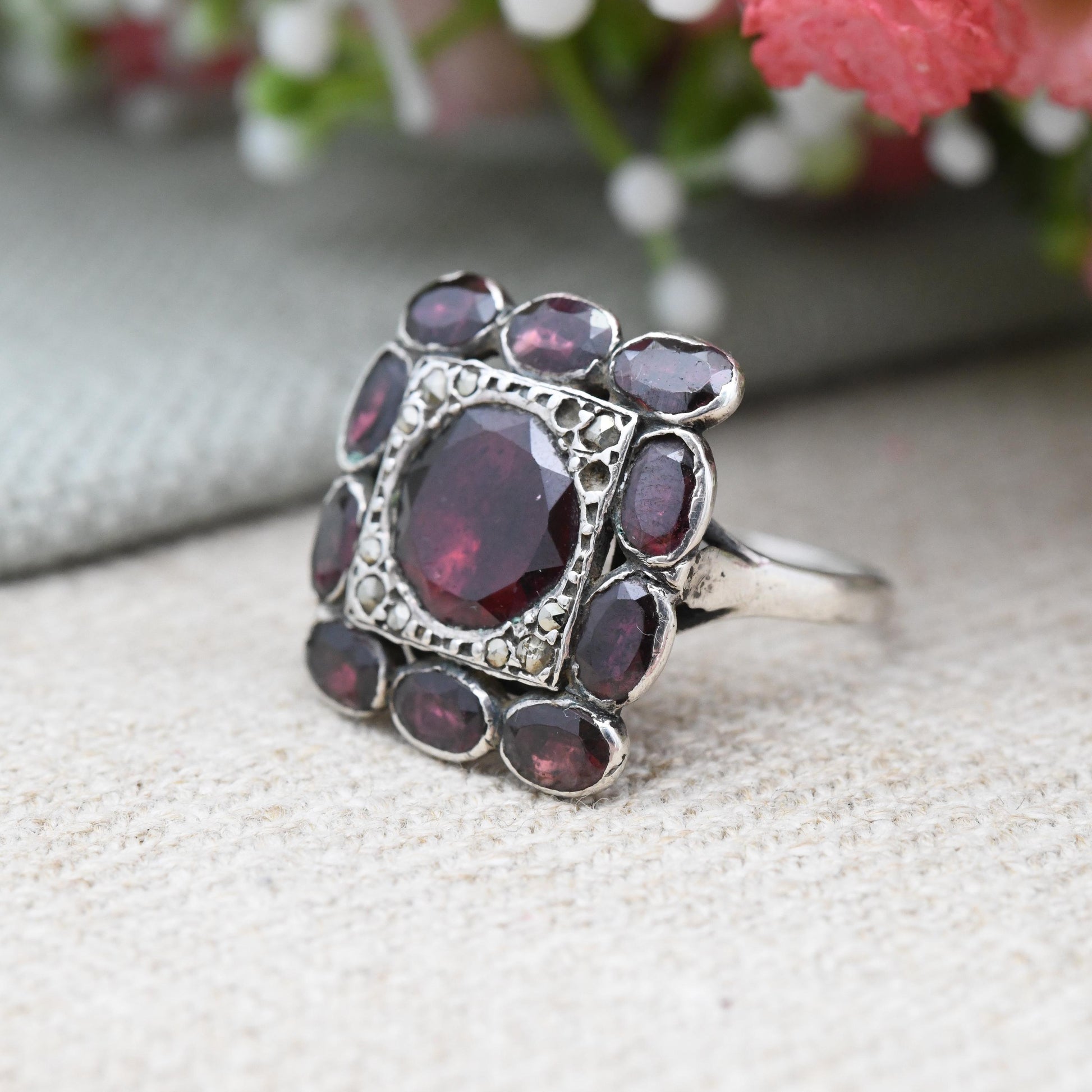 Antique Silver Garnet and Marcasite Ring with Closed Back Setting - Statement Cocktail Square Ring Gift for Her | UK Size - O | US Size - 7