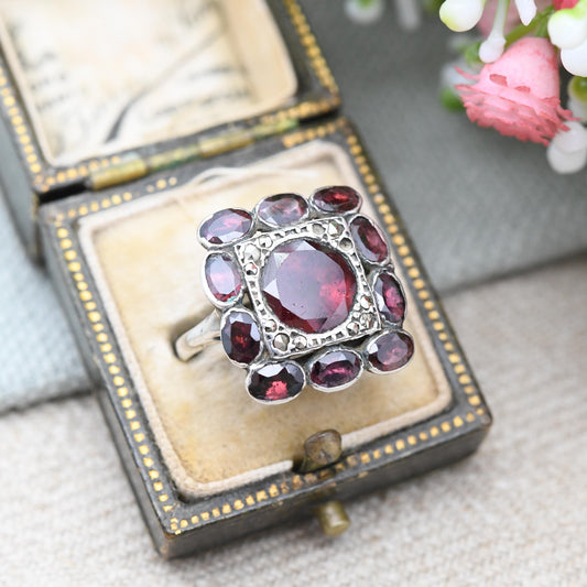 Antique Silver Garnet and Marcasite Ring with Closed Back Setting - Statement Cocktail Square Ring Gift for Her | UK Size - O | US Size - 7