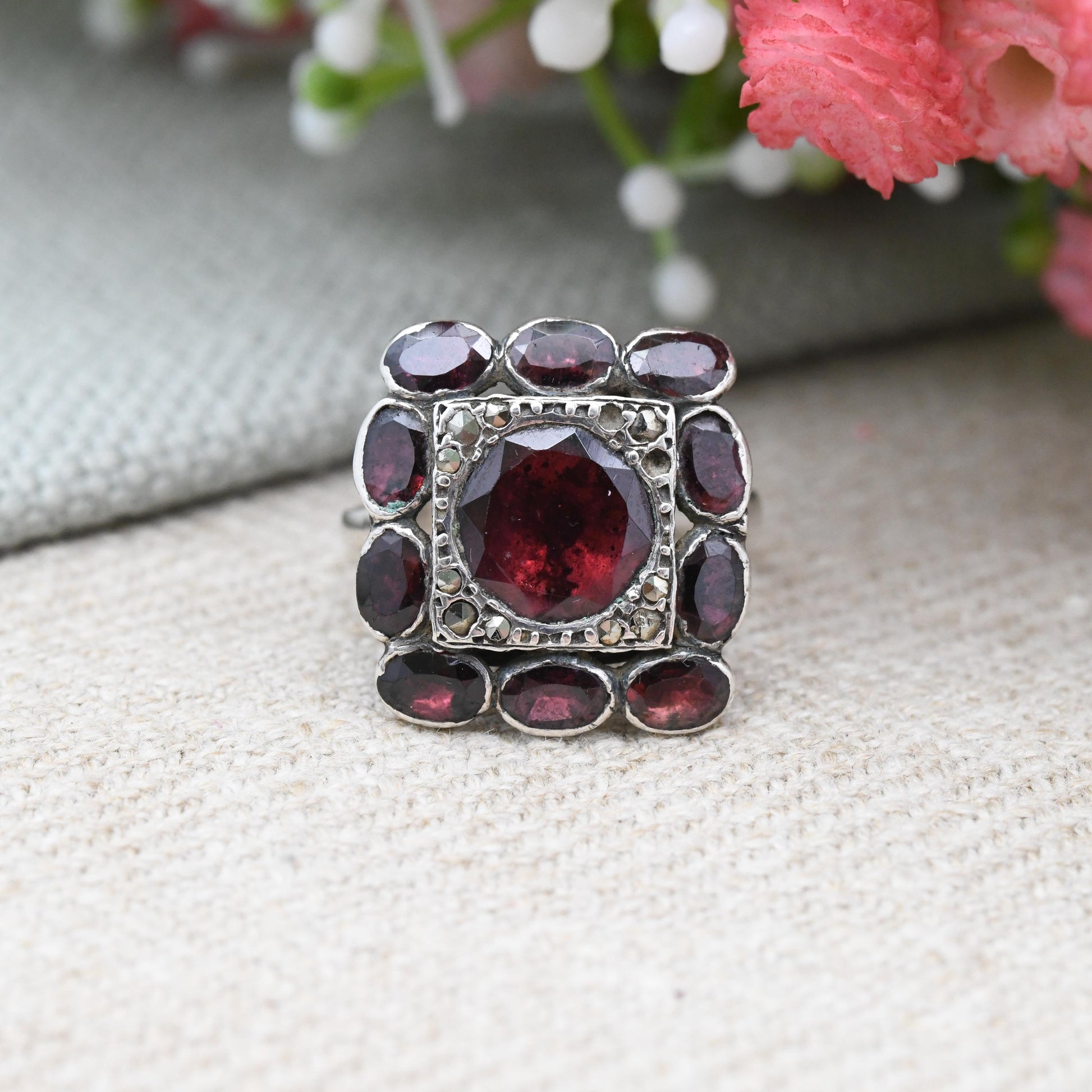 Antique Silver Garnet and Marcasite Ring with Closed Back Setting - Statement Cocktail Square Ring Gift for Her | UK Size - O | US Size - 7