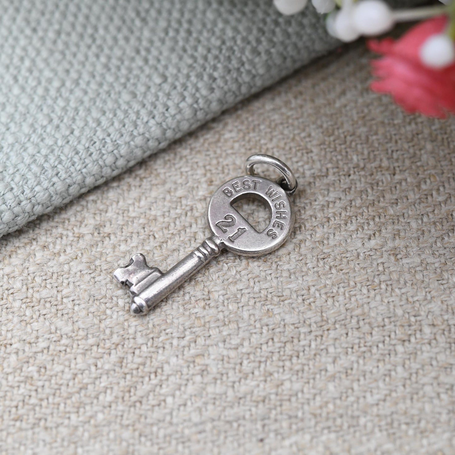 Vintage Sterling Silver Best Wishes 21st Birthday Key Charm Pendant - Cute Key to the Door Birthday Present Charm Bracelet Gift for Daughter