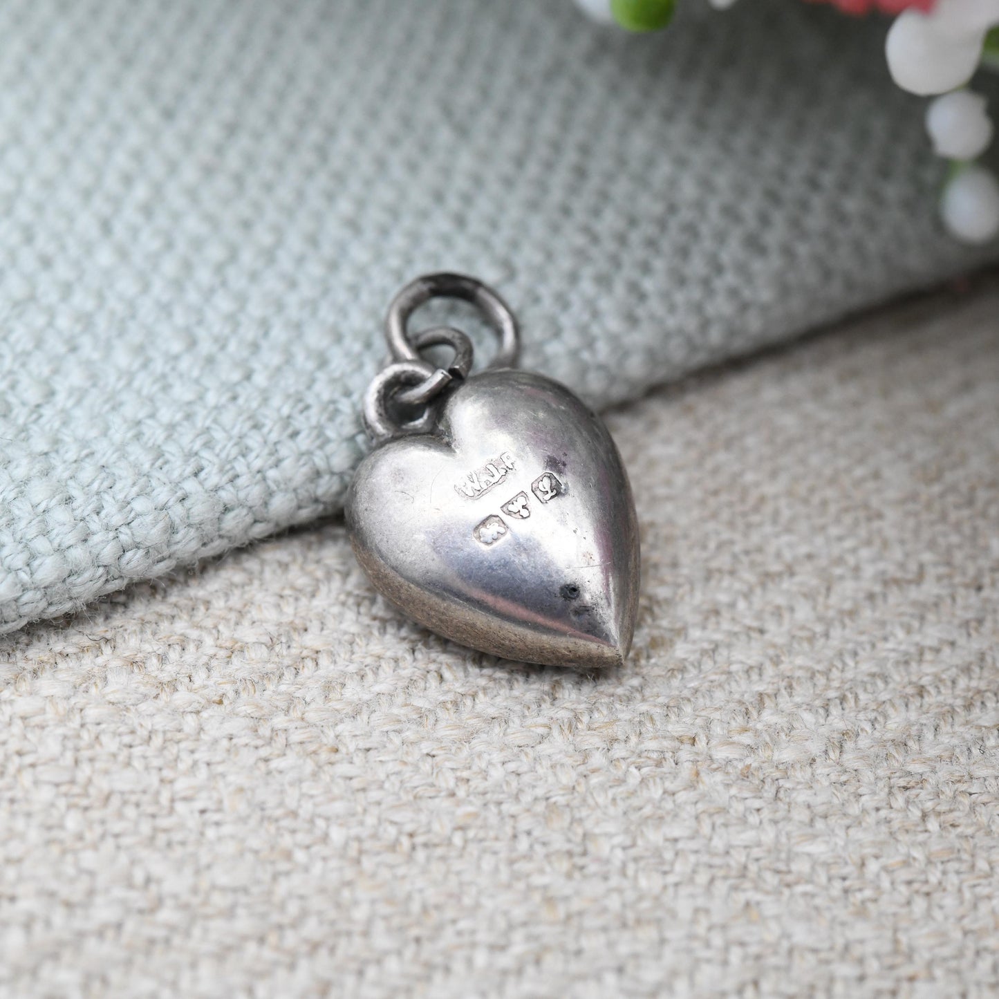 Antique Sterling Silver Puffed Heart Charm Pendant 1911 by William John Pellow - Chester Hallmark Small Love Heart Gift Charm Necklace Stack