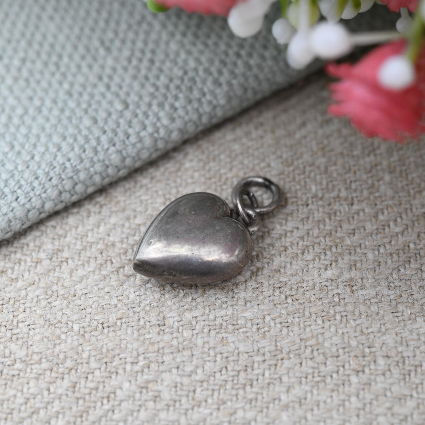 Antique Sterling Silver Puffed Heart Charm Pendant 1911 by William John Pellow - Chester Hallmark Small Love Heart Gift Charm Necklace Stack