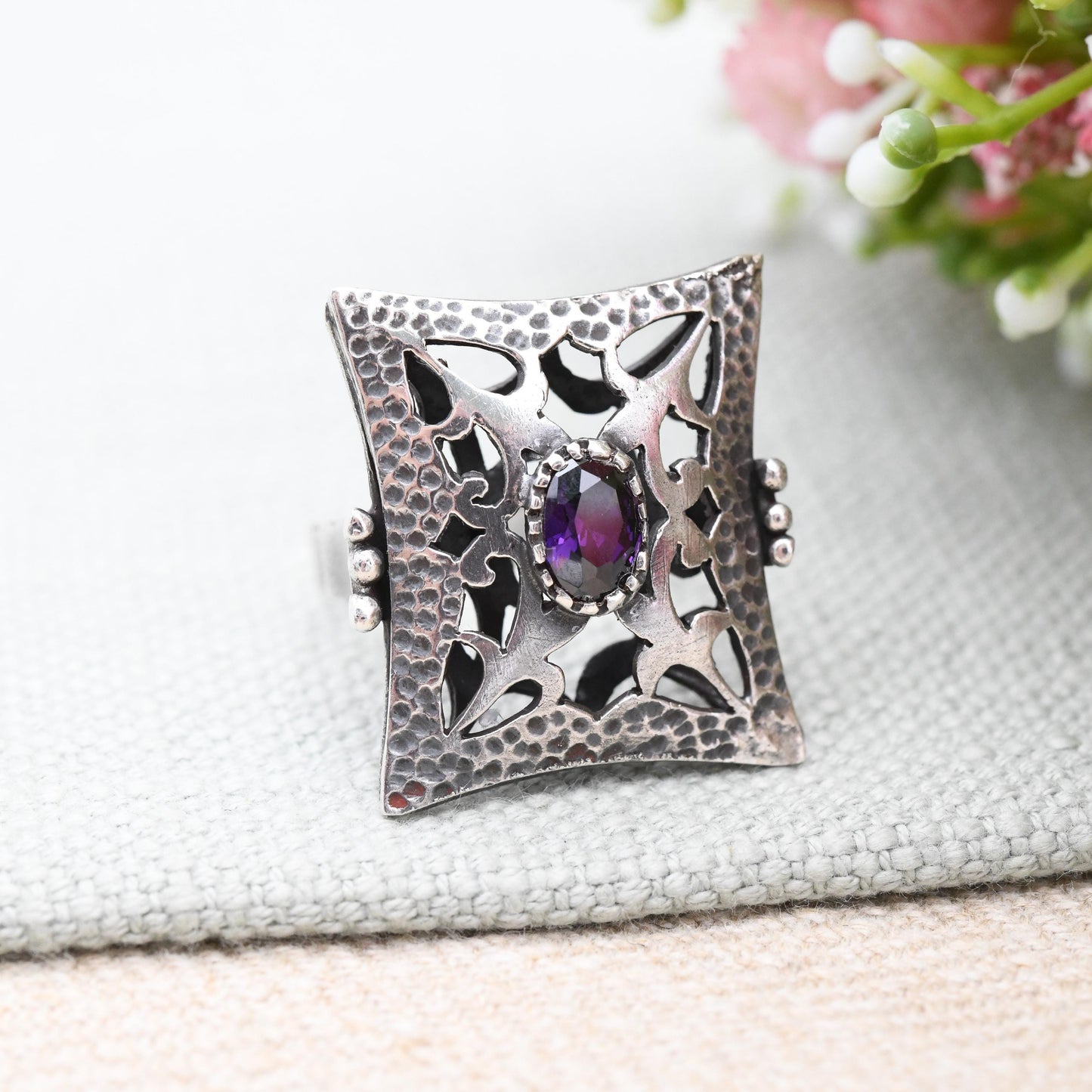 Vintage Hammered Sterling Silver Statement Ring with Purple Stone - Large Gothic Style Dress Ring Signed Designer | UK Size - Q US Size - 8