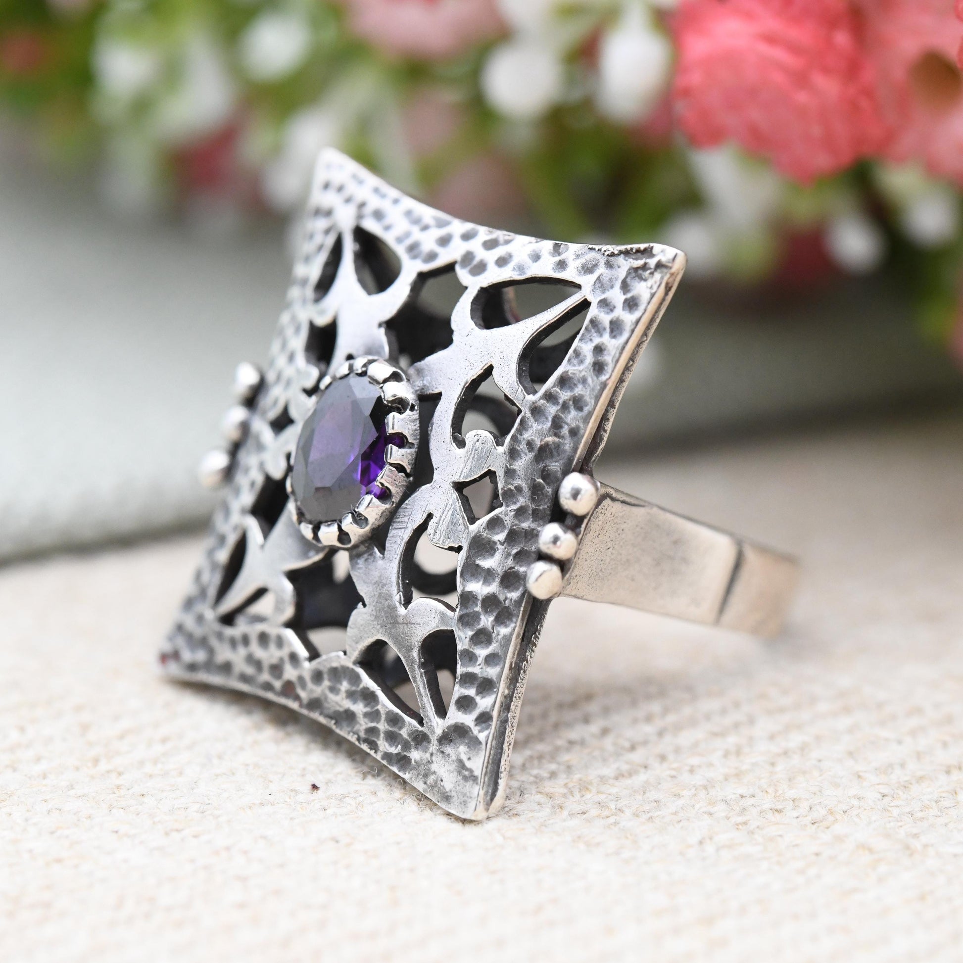 Vintage Hammered Sterling Silver Statement Ring with Purple Stone - Large Gothic Style Dress Ring Signed Designer | UK Size - Q US Size - 8