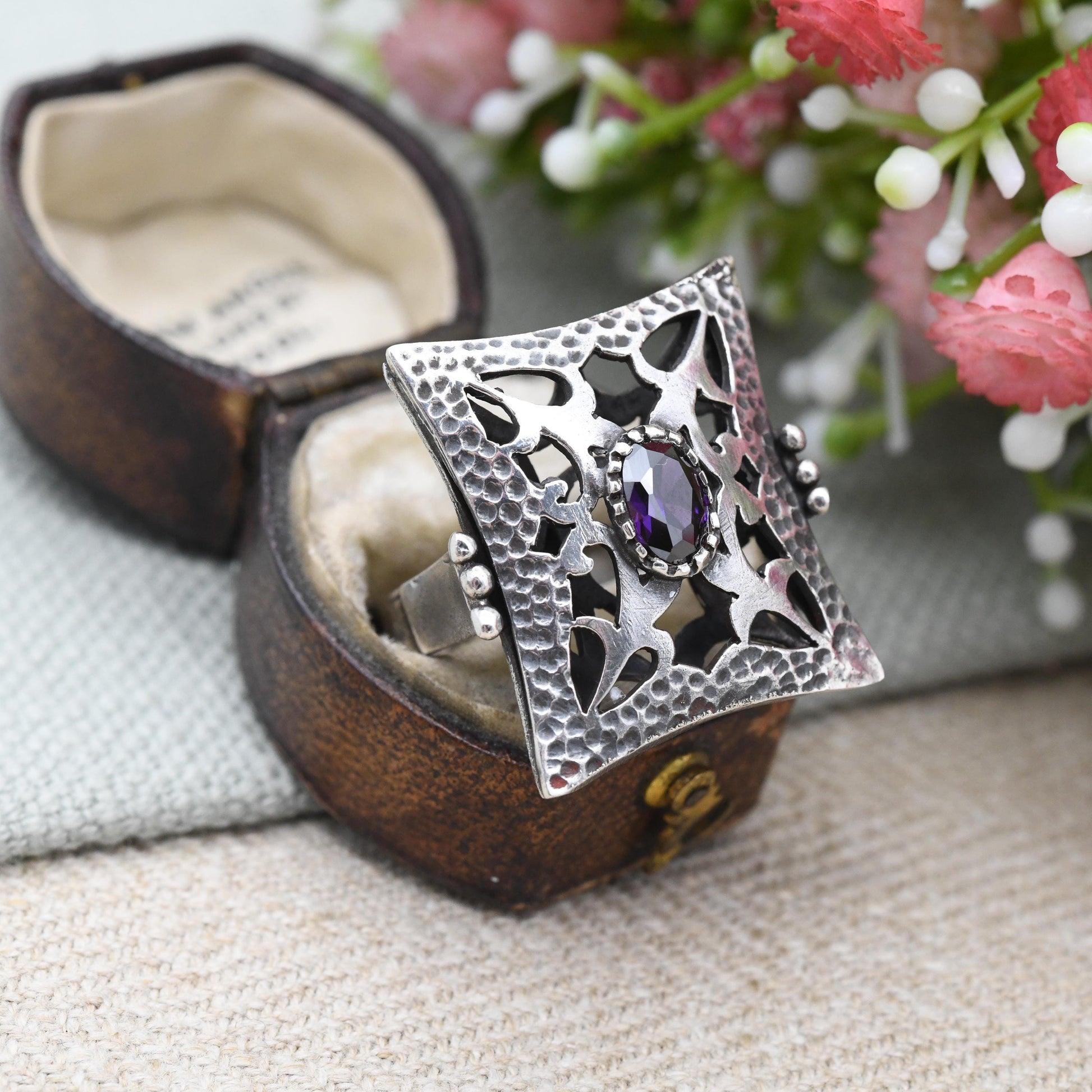 Vintage Hammered Sterling Silver Statement Ring with Purple Stone - Large Gothic Style Dress Ring Signed Designer | UK Size - Q US Size - 8