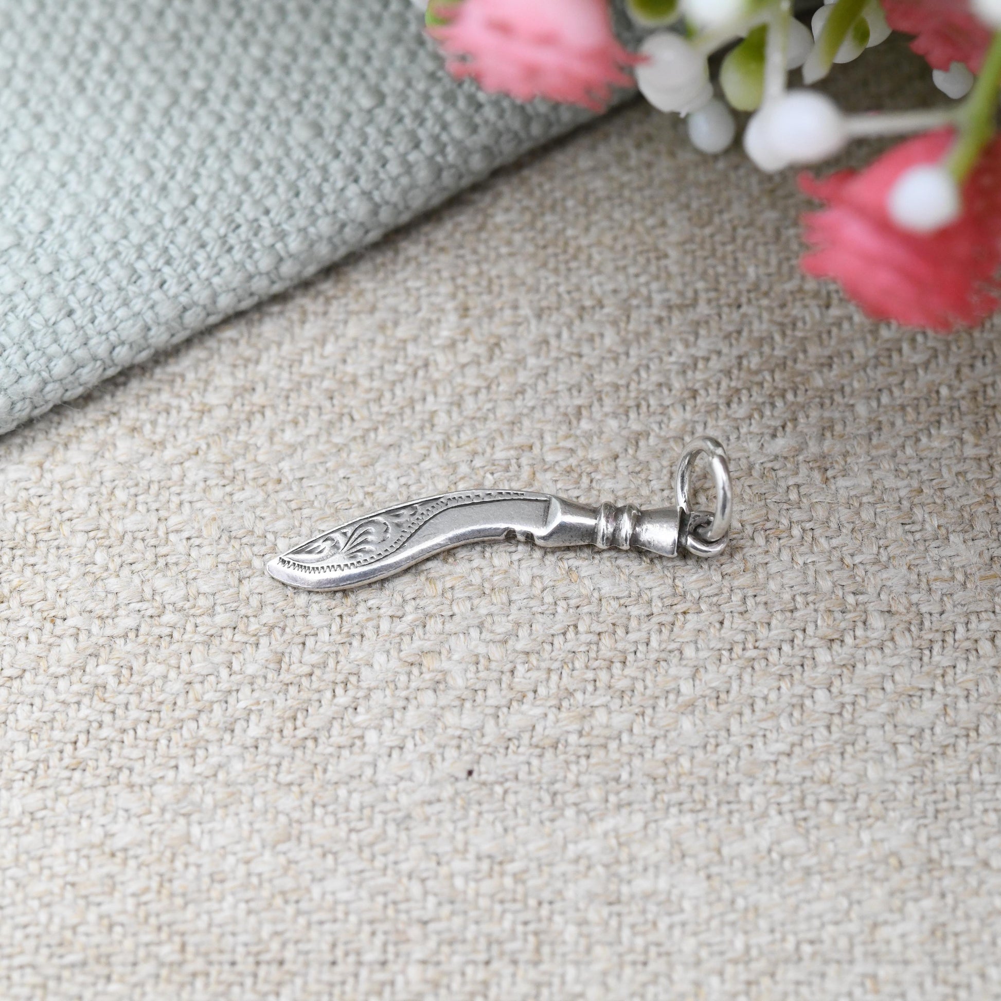 Vintage Sterling Silver Dagger Charm Pendant - Scrolling Pattern Engraved Blade | for Charm Bracelet Necklace Stack